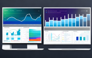 Saubere, dynamische Benutzeroberflaeche eines Analyse-Dashboards mit steigenden Grafiken und SEO-Metriken, die Verbesserungen in Suchmaschinen-Rankings anzeigen.