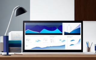 Moderner Bueroarbeitsplatz mit Computerbildschirm, der ein Analytics-Dashboard zeigt.