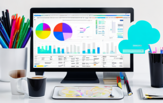 Moderner Arbeitsplatz mit Laptop, bunten Diagrammen, Notizbloecken, Stiften, Kaffeetasse und digitalen Keywords im Hintergrund.