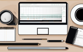 Schreibtisch Setup mit Laptop und Keyword Recherche Tools, Notizbuechern, Stiften und Kaffeetasse, produktive Arbeitsatmosphaere.