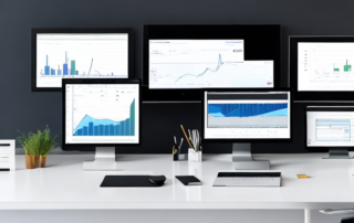 Bueroarbeitsplatz mit mehreren Monitoren, die Analysen und Leistungsdiagramme anzeigen, umgeben von Notizen und Planungsmaterialien, effizienter und moderner Arbeitsplatz.