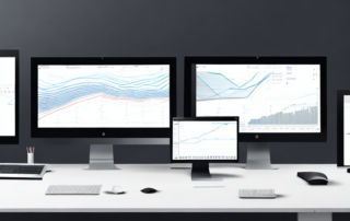 Schreibtisch mit mehreren Monitoren, die Analysen und Graphen zur Steigerung des Website-Traffics durch Keyword-Optimierung zeigen.