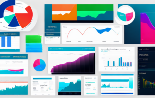 Dynamisches Dashboard mit bunten Grafiken und Charts, die Schluesselmetriken und Performance-Analysen zeigen.