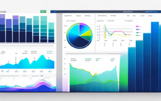 Digitales Dashboard mit bunten Grafiken, Diagrammen und Metriken, hebt Funktionen und Leistung analytischer Tools hervor.