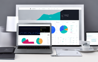 Moderner digitaler Arbeitsplatz mit Laptop, Datenanalyse-Dashboard, Smartphone, Notizbuch und Tasse Kaffee fuer Produktivitaet und Forschung.