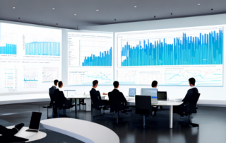 Team analysiert Datencharts und Grafiken auf grossem Bildschirm in modernem Buero, symbolisiert strategische Planung und SEO-Optimierung.