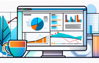 digitales marketing-arbeitsbereich mit computeranzeige von SEO-analysen, grafiken, diagrammen und kaffeetasse, symbolisiert produktivitaet