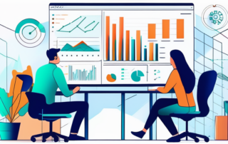 Team digitaler Marketingexperten bei Zusammenarbeit ueber Analysen und Strategiediagramme am grossen Buerotisch, umgeben von moderner Technologie und SEO-Tools.