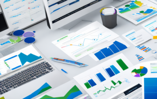 Digitale Dashboard mit Diagrammen, steigende Trends, erfolgreiche Kennzahlen, Geschaeftsleute im Hintergrund diskutieren.