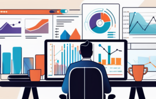 Geschäftsprofi analysiert Datencharts und Diagramme auf Computer, begleitet von Notizen und Kaffeetasse, darstellend Keyword-Recherche.