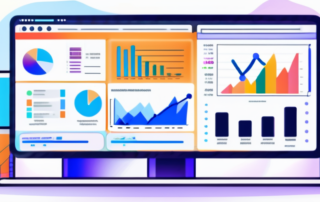 Computerscreen zeigt Keyword Research Tool mit bunten Graphen, Analysedaten, Trends und Suchvolumina, Hintergrund Schreibtisch mit Arbeitselementen.