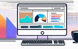 Schlanker Computerbildschirm mit farbigem Analytic Dashboard, Kaffeetasse und Notizbuch auf ordentlichem Schreibtisch fuer effiziente Keyword-Recherche.