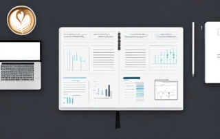 Organisierter Schreibtisch mit Laptop, Grafiken, Notizbuch, Kaffeetasse und digitalen Marketingtools fuer effiziente Keyword-Planung.