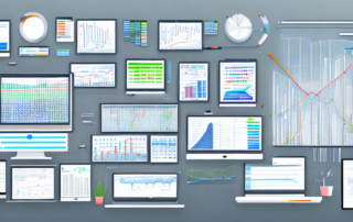 Digitaler Arbeitsbereich mit Diagrammen und Analysen auf mehreren Bildschirmen, symbolisiert innovative Keyword-Planungsstrategien.