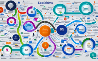 strategische roadmap mit sieben meilensteinen und bunten symbolen zur keyword planung