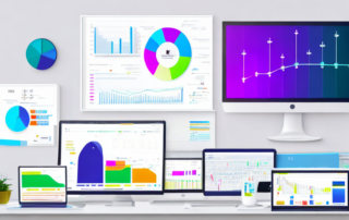 digitale geraete laptops tablets smartphones mit bunten grafiken diagrammen und analytics dashboards in modernem buero