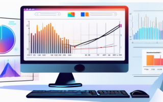 Schlanker Computerbildschirm zeigt AI-Software mit lebhaften Grafiken und Diagrammen fuer gesteigerte Produktivitaet und Effizienz.