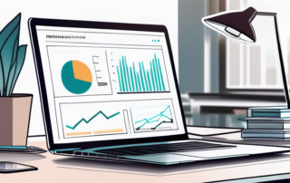 Schlanker Laptop auf modernem Schreibtisch mit Datenanalyse-Dashboard, minimalistischen Bueroartikeln und Topfpflanze.