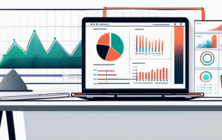 Moderner Schreibtisch mit Laptop, Datencharts und Graphen anzeigen, wichtige strategische Planung in der Keyword-Recherche.