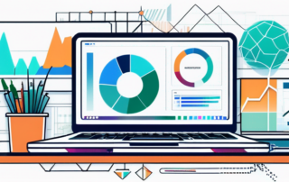 Schlanker Laptop auf modernem Schreibtisch mit digitalen Marketing-Symbolen und Analysegraphen auf dem Bildschirm, repraesentiert SEO-Tools fuer Erfolg.