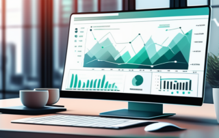 Moderner Laptop auf Schreibtisch mit SEO Analyse Diagrammen vor unscharfem Buero-Hintergrund.