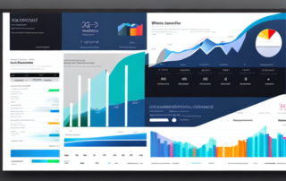 Dynamisches digitales Marketing-Dashboard mit ROI, Konversionsraten und Social Media Analysen im modernen Buero.