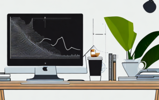 Sauber geordnetes Arbeitszimmer mit Laptop, analytischem Diagramm, Kaffeetasse, Notizbuch und Pflanze, symbolisiert Produktivitaet bei der Keyword-Recherche.