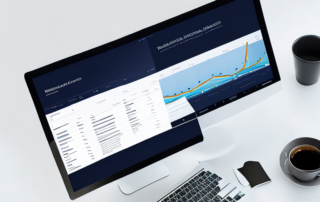 Schlanker Laptop auf modernem Schreibtisch mit Analytics Dashboard, stilvoller Brille und Kaffeetasse, symbolisiert Produktivitaet und datengetriebene Einsichten.