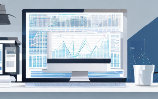 Computer-Tastatur mit hervorgehobener Taste, umgeben von digitalen Symbolen fuer SEO und Traffic, vor Webanalysen-Hintergrund