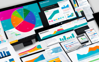 Dynamisches Dashboard mit farbenfrohen Grafiken und Metriken zur Analyse der Website-Performance und Betonung der Bedeutung von SEO-Audits.