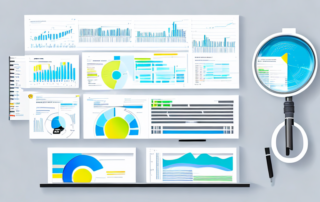 Optimierter SEO-Prozess mit Diagrammen, Lupe zeigt Kennzahlen, Laptop mit SEO-Tools.