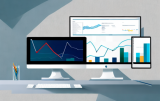 Computerbildschirm mit analytischen Grafiken und Metriken, Lupe symbolisiert SEO-Analyse in professioneller Umgebung.