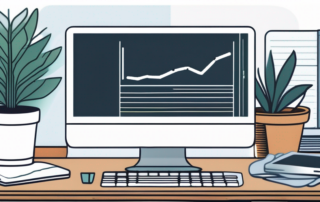 Laptop mit Analytics auf Holztisch, umgeben von Notizbuechern, Kaffeetasse und Topfpflanze, zeigt SEO-Integration.