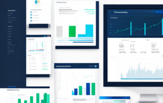 Strukturierter Arbeitsplatz mit Computerbildschirm, der verschiedene SEO Analytics-Diagramme und Berichte zeigt.