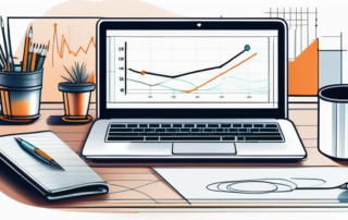 Moderner Schreibtisch mit Laptop, der Analysen und Diagramme zeigt, umgeben von elegantem Schreibbedarf und Kaffeetasse, zeigt SEO-Optimierungstools.