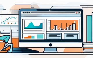 Moderner Schreibtisch mit Laptop und SEO-Analyse, Buechern, Charts und Kaffee, steht fuer Produktivitaet und SEO-Expertise.