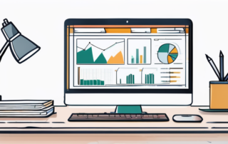 Sauberes Buero mit Laptop, Website-Analyse-Dashboard, Notizen und Kaffeetasse, Symbol fuer die Erstellung von SEO-Inhalten.