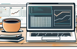 Laptop Arbeitsplatz mit Kaffeetasse, Notizbuch und SEO-Icons auf dem Bildschirm, systematische Erstellung von SEO-Inhalten.