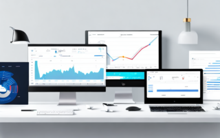 Sauberer Schreibtisch mit Laptop, SEO-Dashboard, Analysen und Diagrammen, symbolisiert schnellen und effizienten SEO-Audit-Prozess.