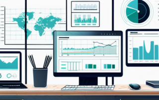 Moderner Schreibtisch mit hochaufloesendem Monitor, SEO-Tools, Smartphone, Tablet, minimalistischer Bueroeinrichtung.