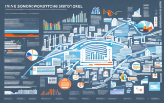 Infografik mit bunten Diagrammen, Grafiken und Symbolen zur Darstellung von SEO-Strategien und Keyword-Optimierung.