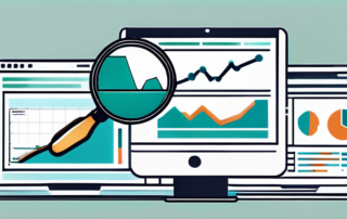 Lupe ueber Computerbildschirm mit Diagrammen und Grafiken, die erhoehte Website-Sichtbarkeit durch SEO-Tools darstellen.