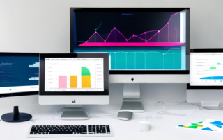 Computerbildschirm zeigt Analytics-Dashboard mit bunten Grafiken, im Hintergrund modernes Buero mit digitalen Geraeten.