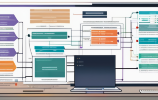 Digitales Sitemap-Diagramm auf Computerbildschirm mit farbigen Knoten und Verbindungen, Buero im Hintergrund.