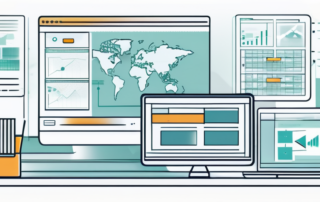 Computerbildschirm mit organisiertem Sitemap-Diagramm und Tool-Icons, modernes Bueroumfeld.