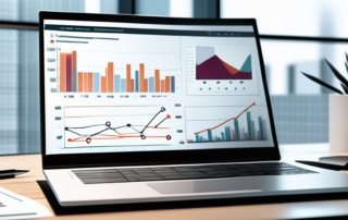 Laptop Bildschirm zeigt analytische Grafiken und Datencharts in modernem Buero mit Schwerpunkt auf strategischen Planungstools.