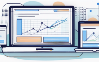 Digitale Geraete wie Laptop, Smartphone und Tablet mit vernetzten Webseiten und Datenanalyse im Hintergrund.