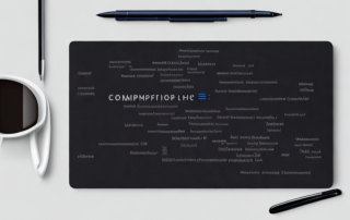 Moderner Texteditor auf Computerbildschirm mit organisiertem Text, Stift, Notizbuch und Kaffeetasse