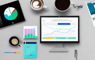 Computer-Analytik-Dashboard mit Diagrammen und SEO-Tools wie Notizbuecher, Brille und Kaffee.