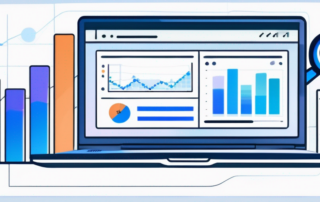 Laptop mit Website-Analyse-Dashboard und Vergrösserungsglas auf Browser-Suchleiste fuer SEO.